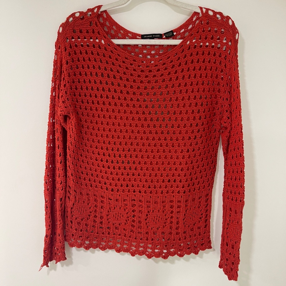 Jeanne Pierre Crochet Open Knit Sweater Womens Size M Red Cotton‎ | Boho Core